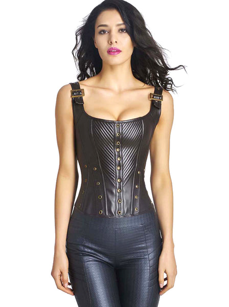 High Quality Over bust Genuine Leather Brown Corset with 1 Sided Shoulder  Strap