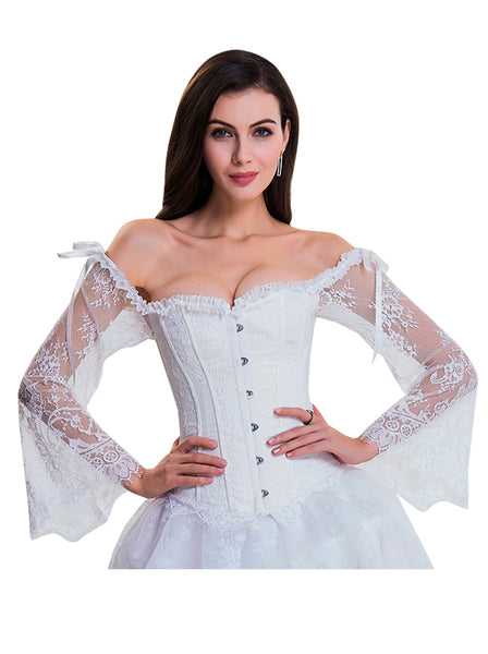 Steampunk Victorian Elegant Off Shoulder Jacquard Overbust Corset with  Floral Lace Long Sleeves