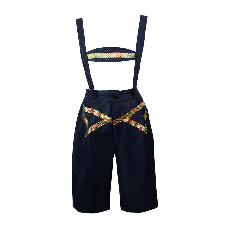 Kimring Men's Black Suspenders Shorts Trousers with Gold Trim