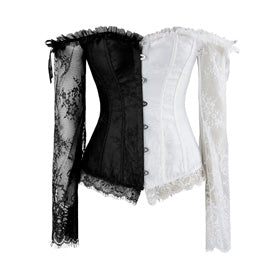 Steampunk Victorian Off Shoulder Overbust Corset with Floral Lace Long Sleeves