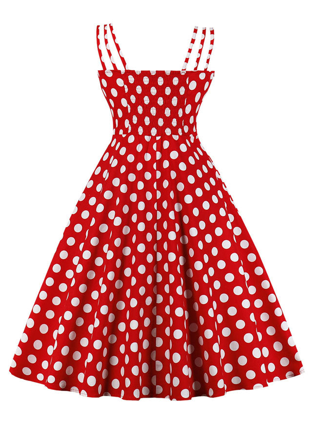 Lovely Vintage Women Red Cotton Spaghetti Straps Round Dot Sleeveless A-Line Dress Back View