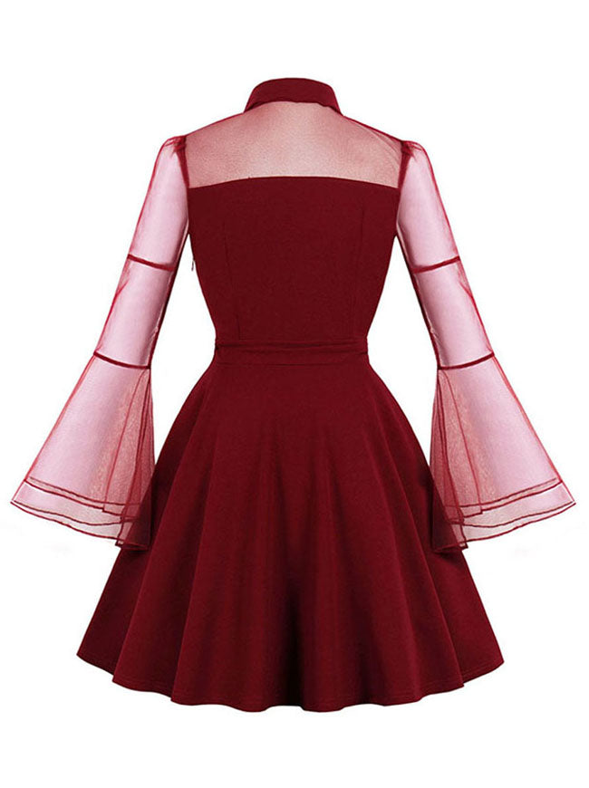 Elegant Vintage Wine Red Pleats Split Joint Mesh Full-Length Sleeve A-Line Dress Back View