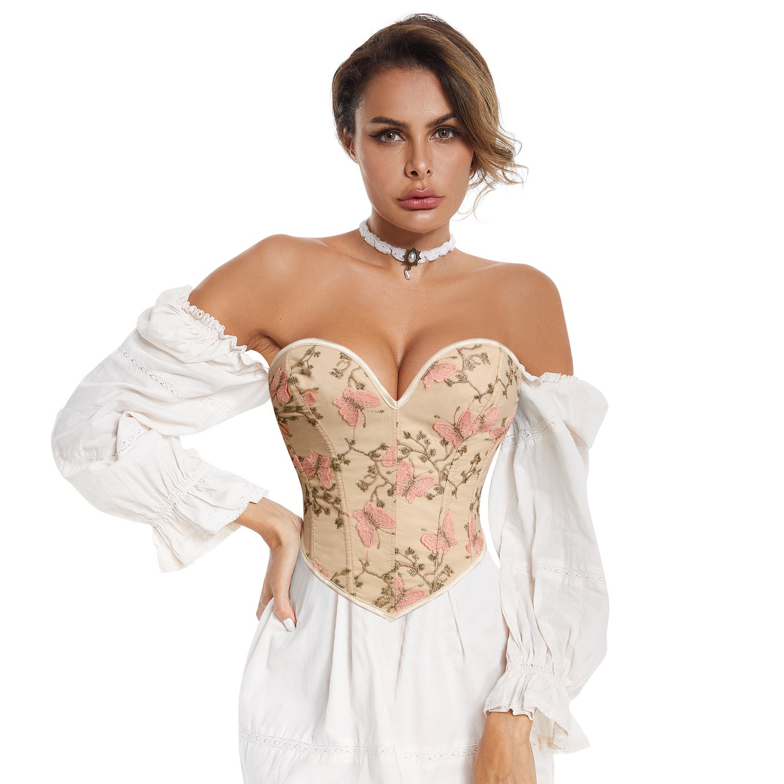 Vintage Renaissance Floral Printed Strapless Lace-up Bustier Corset Crop Top Main View