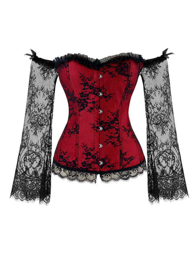 Vintage Jacquard Floral Lace Off Shoulder Overbust Corset Top Red