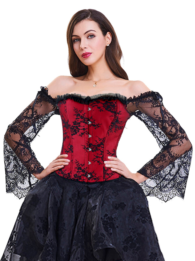 Victorian Steampunk Overbust Corset Bustier Top with Off Shoulder Long Sleeves