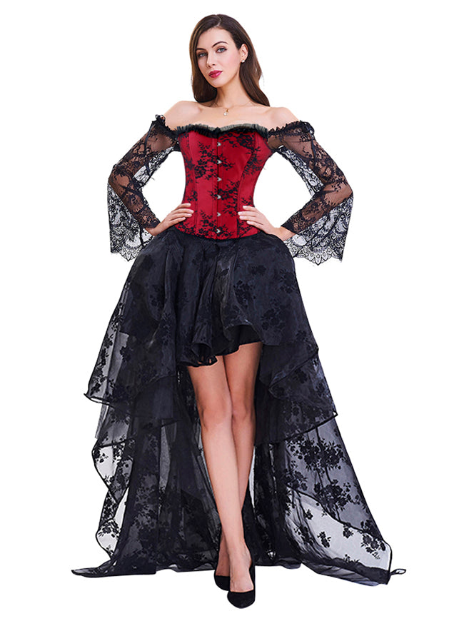 Steampunk Victorian Elegant Off Shoulder Overbust Corset Dress Skirt Set With Lace Long Sleeves