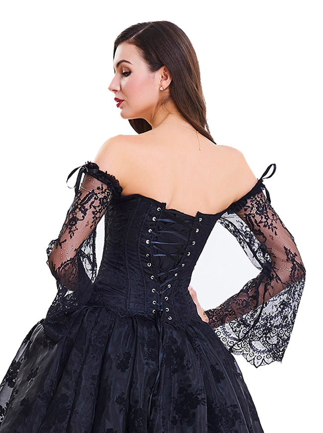 Women's Vintage Fancy Off Shoulder Jacquard Overbust Long Sleeves Corset Black Back View