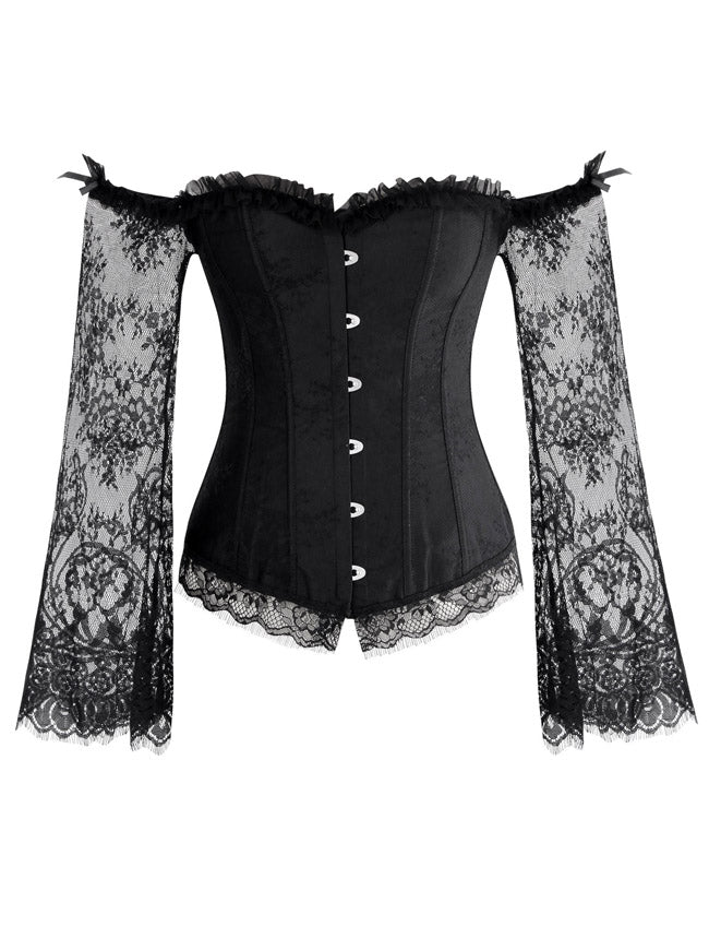 Women's Steampunk Off Shoulder Jacquard Bustier Corset with Floral Lace Long Sleeves Black Main View