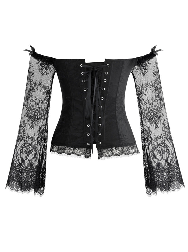 Women's Retro Elegant Off Shoulder Jacquard Bustier Corset with Floral Lace Long Sleeves Black Back View