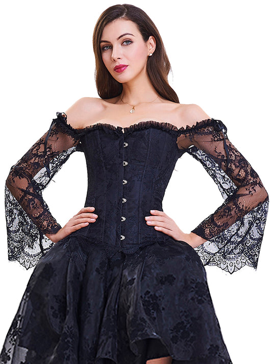 Victorian Steampunk Overbust Corset Bustier Top with Off Shoulder Long Sleeves Main View