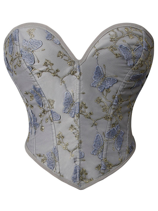 Vintage Renaissance Floral Printed Strapless Lace-up Bustier Corset Crop Top Main View