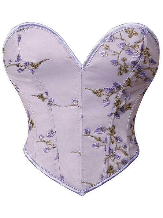 Embroidered Floral Bustier Strapless Sweetheart Overbust Corset