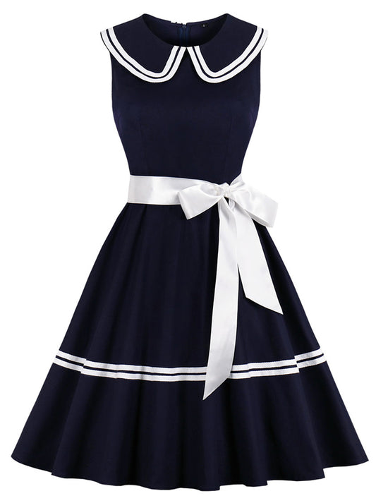 1950s Vintage Peter Pan Collar Pleated Cocktail Sailor Dress with Belt