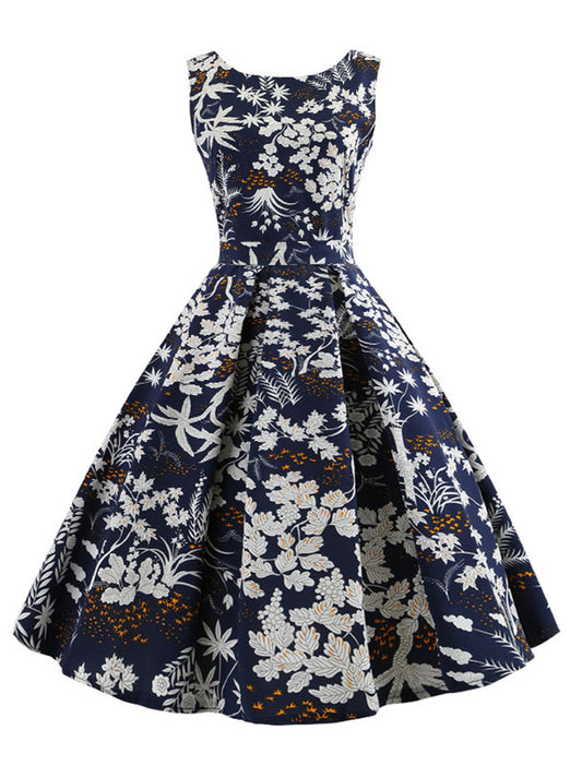 1950's Vintage Sleeveless Floral Printed Cocktail Swing Dress