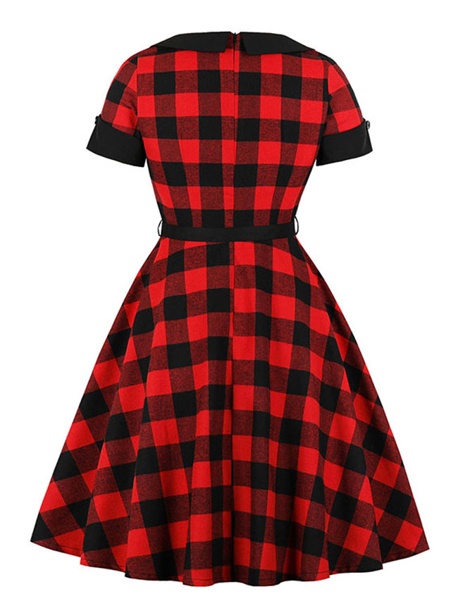 Women's Vintage Plaid Square Neck High Waist Short Sleeves Midi Christmas Dress with Belt Black/Red Back View