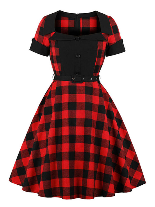 Vintage Retro Plaid Dress Square Neck High Waist Cocktail Party Christmas Dress Main View