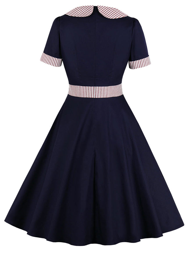 Women's Vintage Short Sleeves Bow-Knot Collared Fit and Flare Cocktail Dress Navy Blue Back View