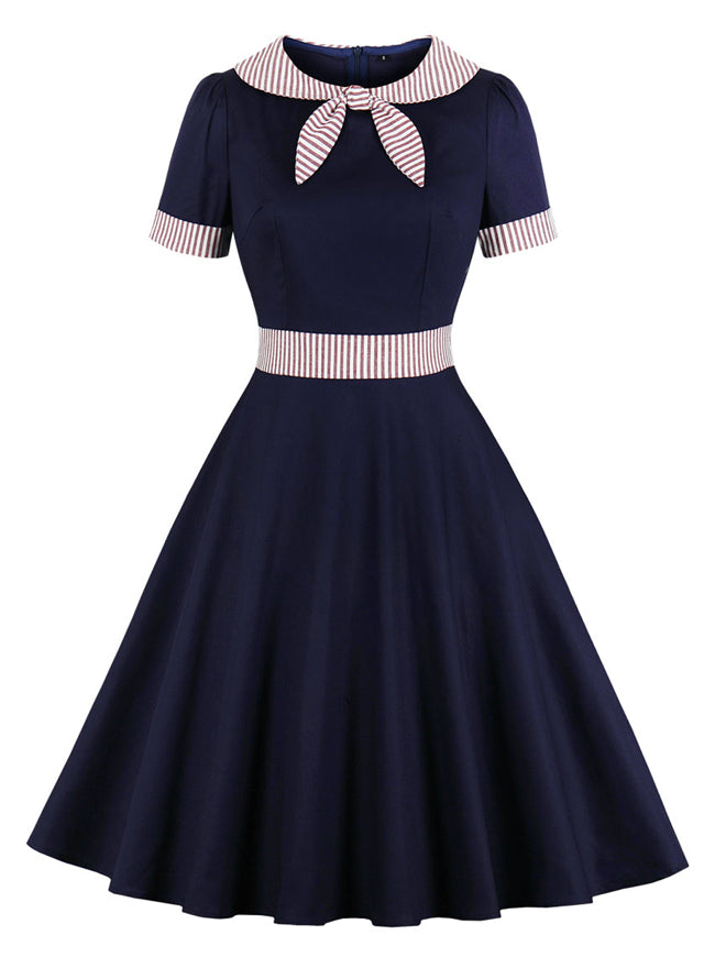 Vintage Short Sleeves Bow-Knot Lapel Collared Nautical Sailor Dress Main View