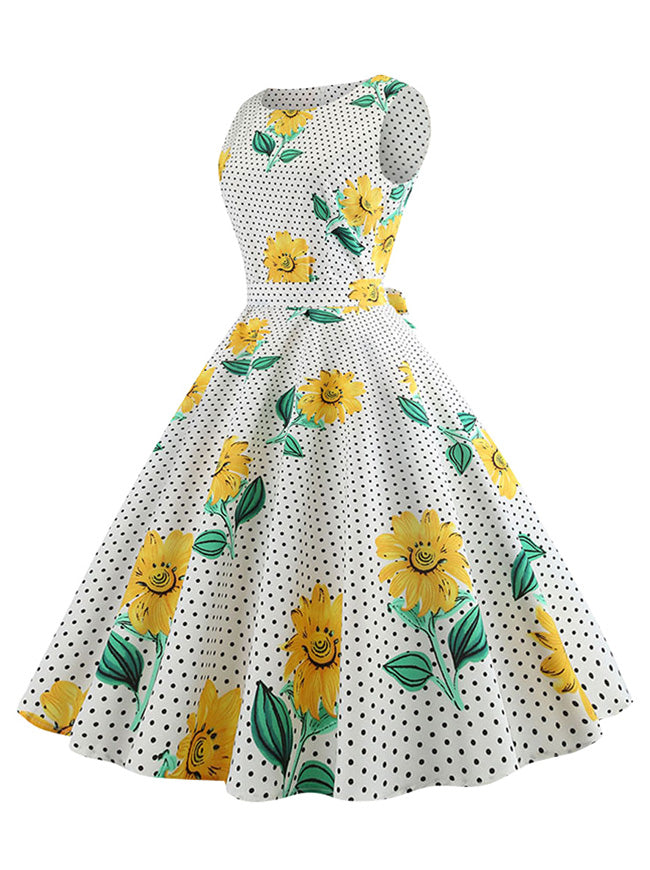 1950s Vintage Polka Dot Floral Printed Sleeveless Picnic Swing Dress