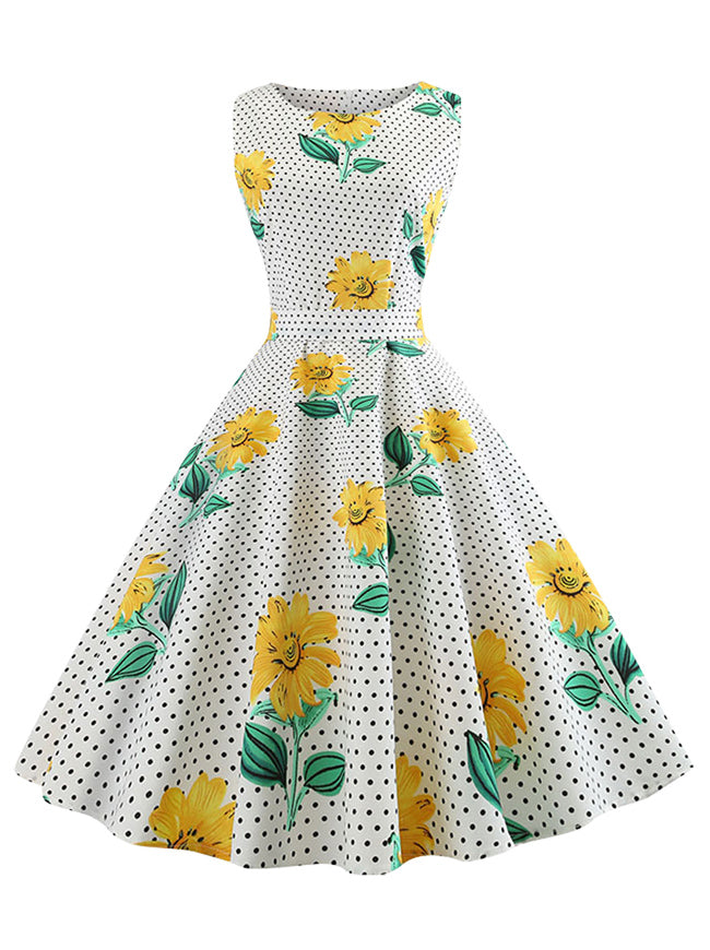 Vintage Polka Dot Floral Printed Cocktail Party Spring Swing Dress