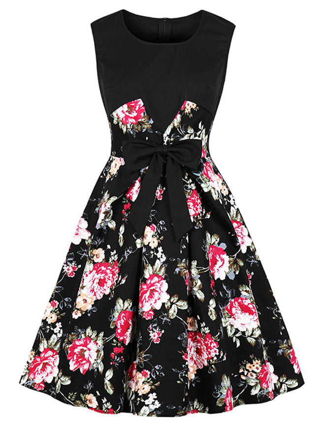 1950s Floral Printed Retro Vintage Swing Dress with Bowknot Belt