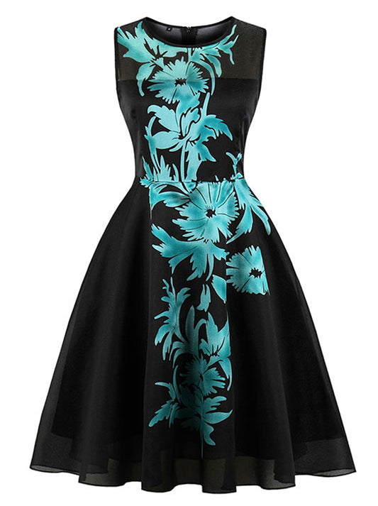 1950's Vintage Retro Elegant Print Fit and Flare Cocktail Party Swing Dress