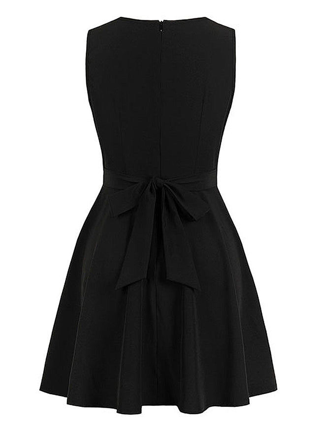 Classical Vintage Black Cutout / Peekaboo Plunging Neckline / Deep V Neck Sleeveless Knee Length A-Line Dress Back View