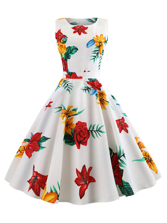 1950s Vintage Floral Printed Spring Cocktail Party Swing Dress Main View