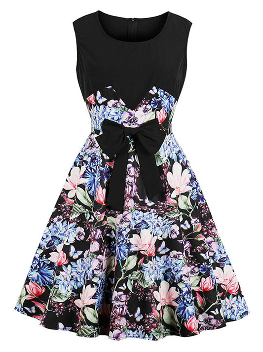 1950s Floral Printed Retro Vintage Swing Dress with Bowknot Belt