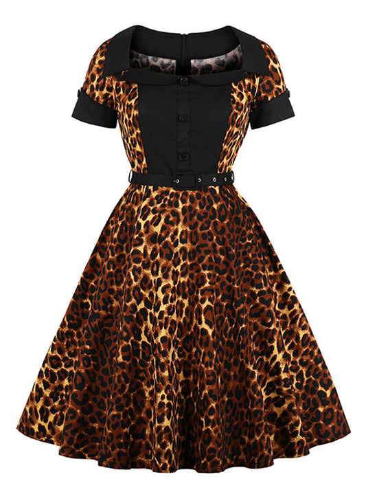 Vintage Retro Leopard Print Square Neck High Waist Cocktail Party Midi Dress