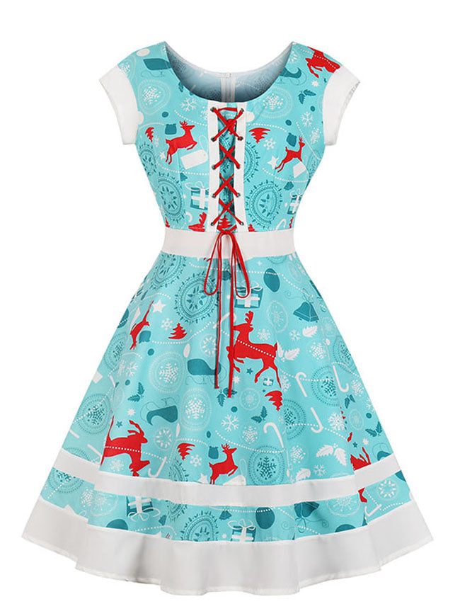 Christmas Reindeer Printed Lace Up Vintage Cocktail Party Swing Dress