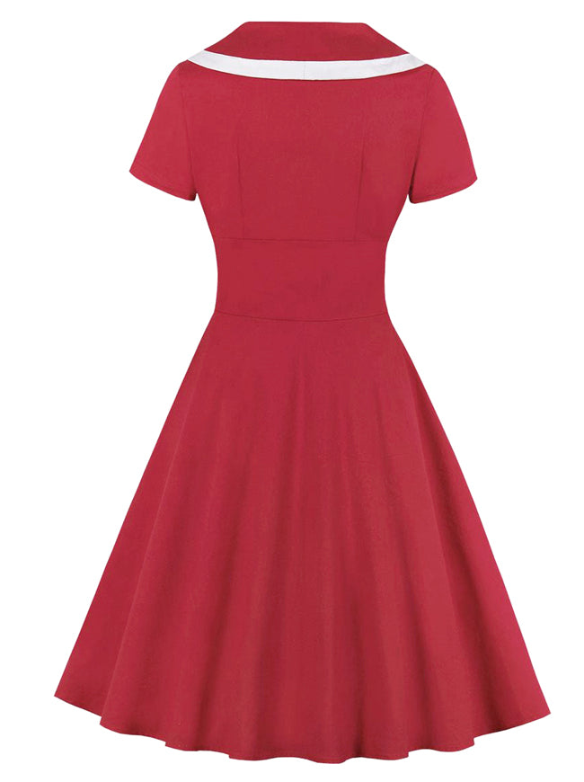 50s Vintage Retro Style V-Neck Cap Collar Knee Length Fit and Flare Dress