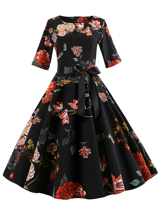 1950s Elegant Retro Floral Printed Half Sleeve Flare Swing Dress