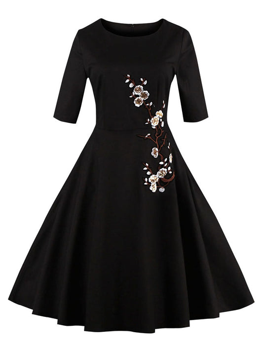 Classic 1950's Vintage Half Sleeves Floral Embroidery Casual Cocktail Party Dress