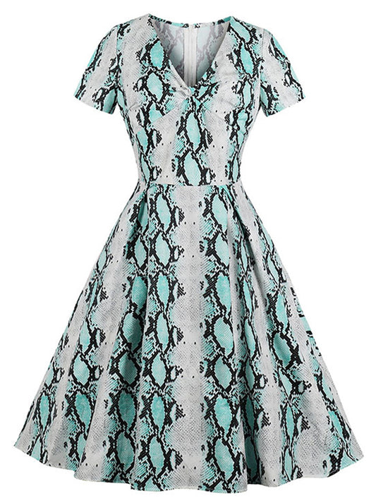 Snakeskin Printed Vintage Flared Cocktail Party Swing Midi Dress