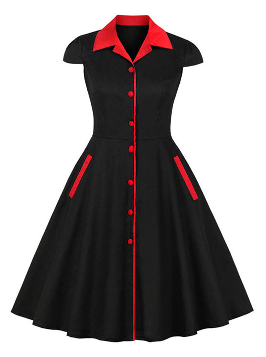 Vintage Casual Lapel Flared Cocktail Party Dress with Pockets