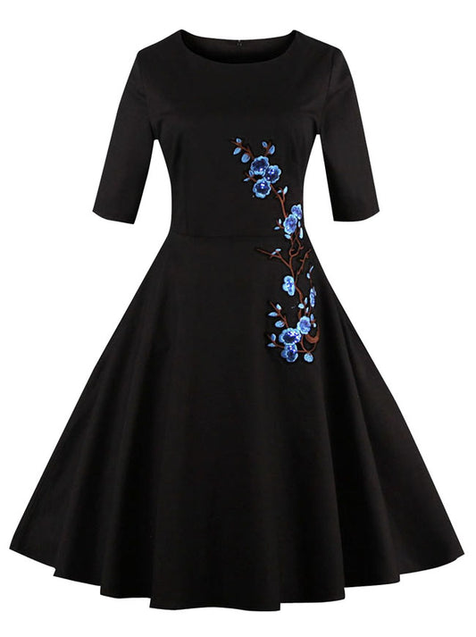 Classic 1950's Retro Half Sleeves Floral Embroidery Casual Cocktail Party Dress Main View