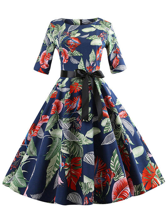 1950s Elegant Retro Floral Printed Half Sleeve Flare Swing Dress Main View