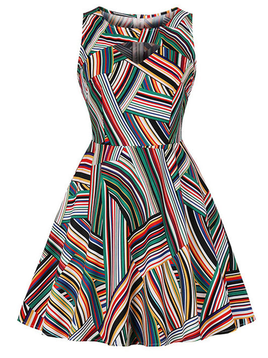 1950s Vintage Striped Fit and Flare Cocktail Swing Midi Dress Main View