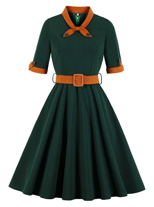 1950s Vintage Tie Collared Rockabilly Prom Cocktail Dress with Belt