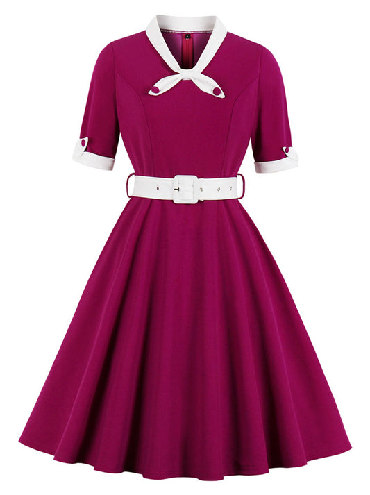 1950s Vintage Collared Rockabilly Prom Cocktail Dress with Belt