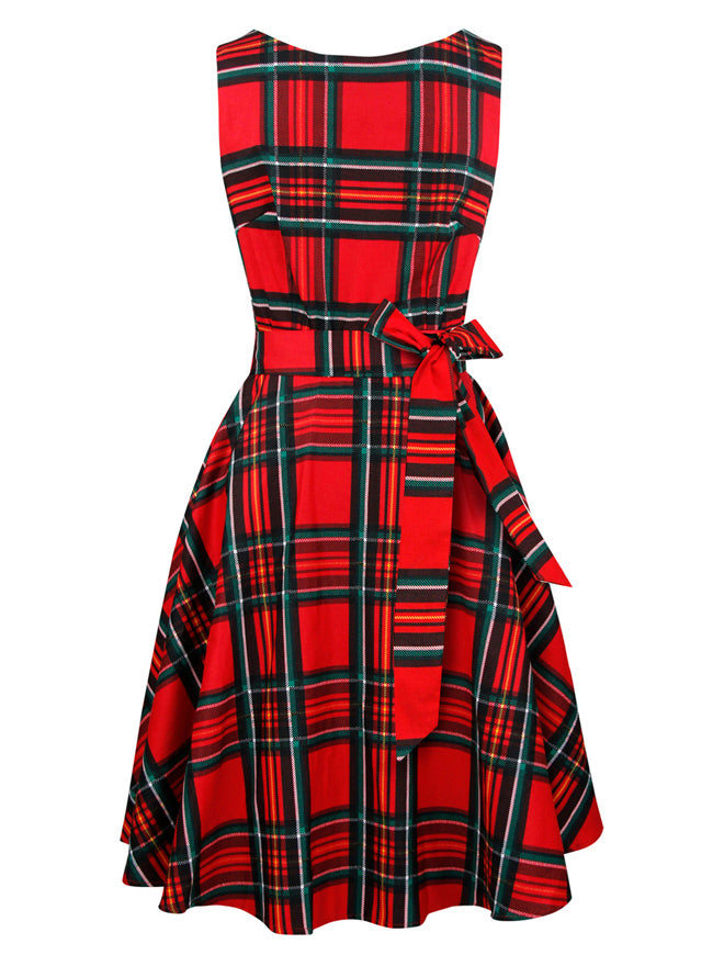 1950s Vintage Retro Plaid Belted Christmas Party Midi Dresses Red