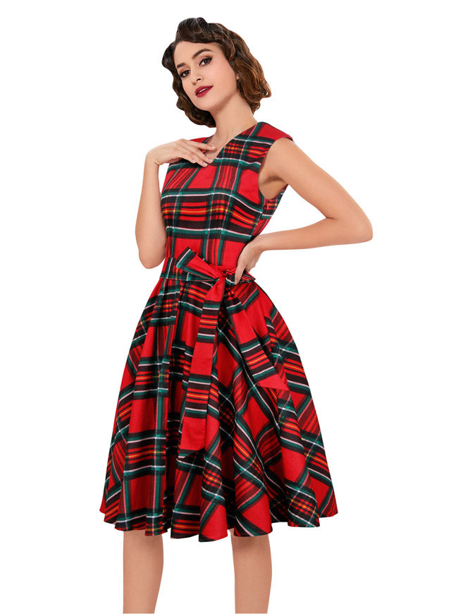 Fashion Sleeveless Plaid Cocktail Party Picnic Swing Dress with Blet