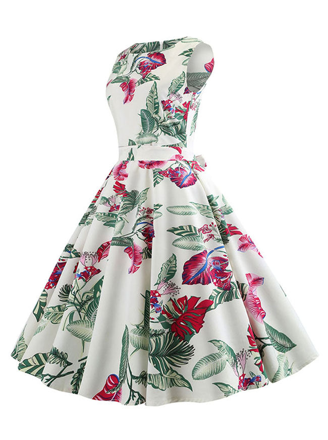 Retro Floral Leaves Printed Round Neck Garden Picnic Swing Dresses