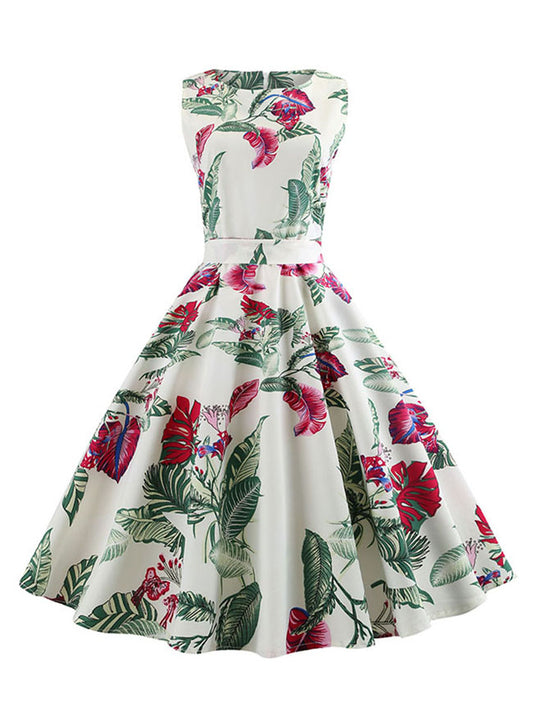 1950s Vintage Floral Leaves Printed Spring Cocktail Party Swing Dress