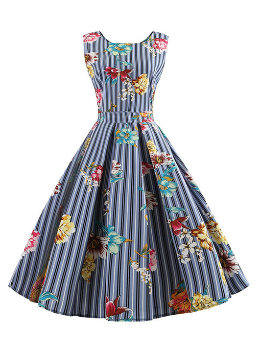 1950's Vintage Striped Belted Printed Floral Party Swing Dress Main View