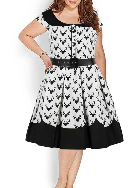 Fancy Peter Pan Collar Reindeer Printed Vintage Pleated Dress with Belt