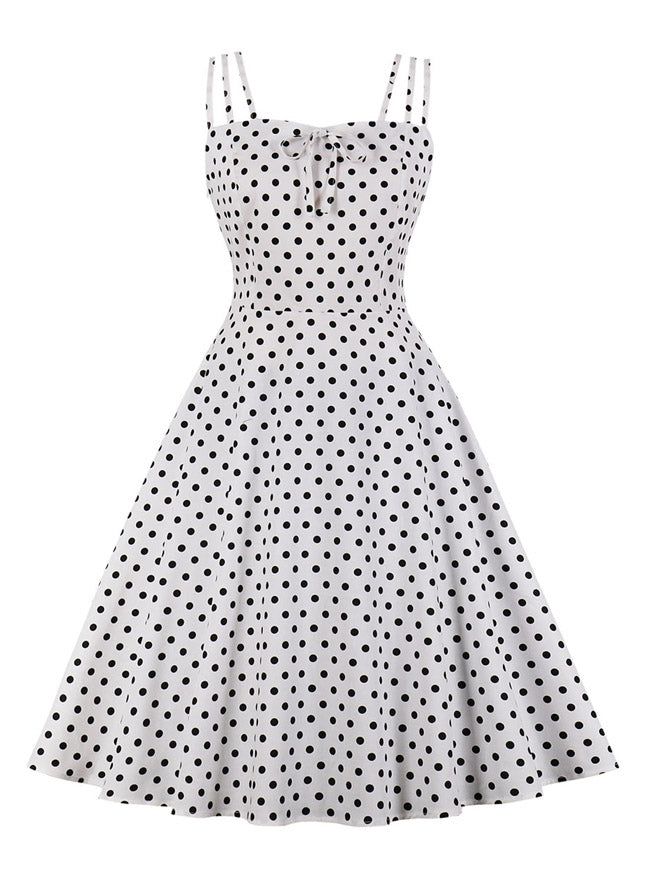 Vintage Polka Dot Sleeveless Summer Beach Party Flared Midi Dress