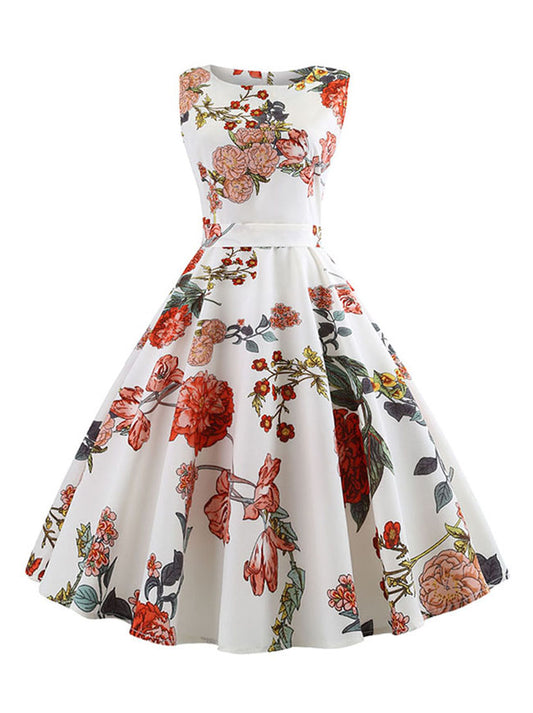 Vintage Floral Printed Sleeveless Spring Cocktail Party Swing Midi Dress with Belt Main View