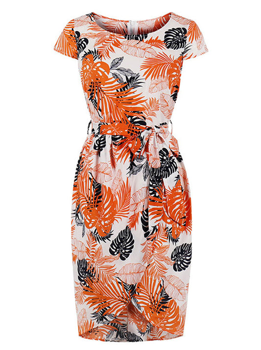 1950s Retro Floral Printed Belted Slim Fit Elegant Party Midi Dress